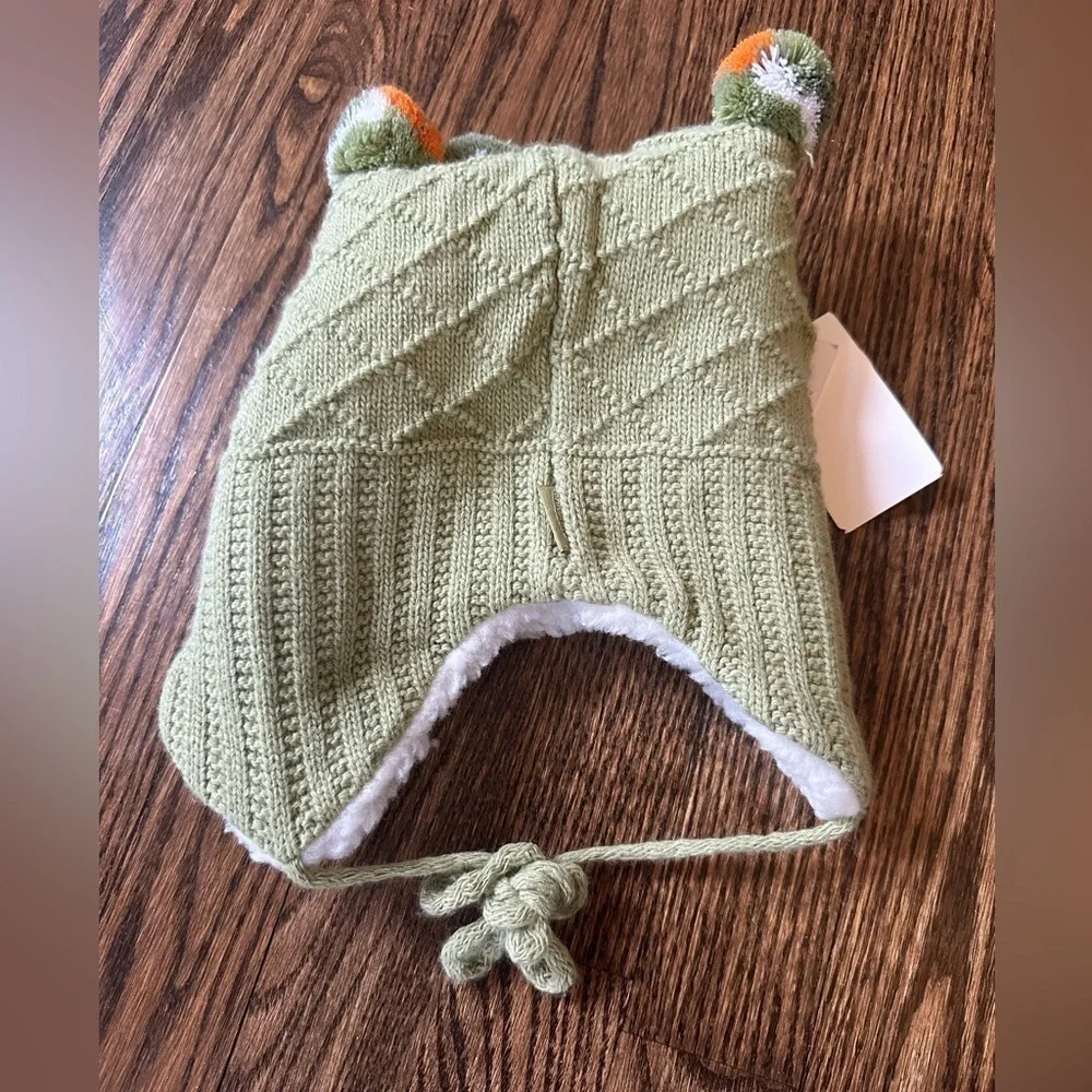 Baby Fleece Lined Knit Ear Flap Pom Pom Winter Hat Sage Green